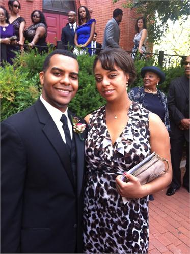 Foreman and his then fiancee Jasmin pose outside of a friend's wedding ceremony.